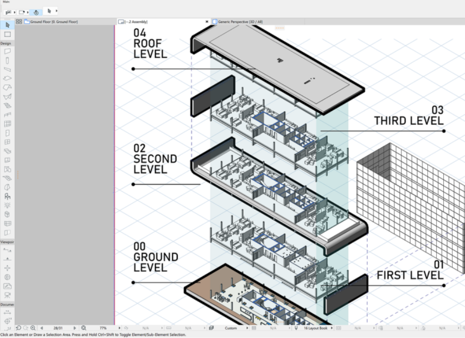Exploded building levels in Archicad, generated from a GeoAnvil map