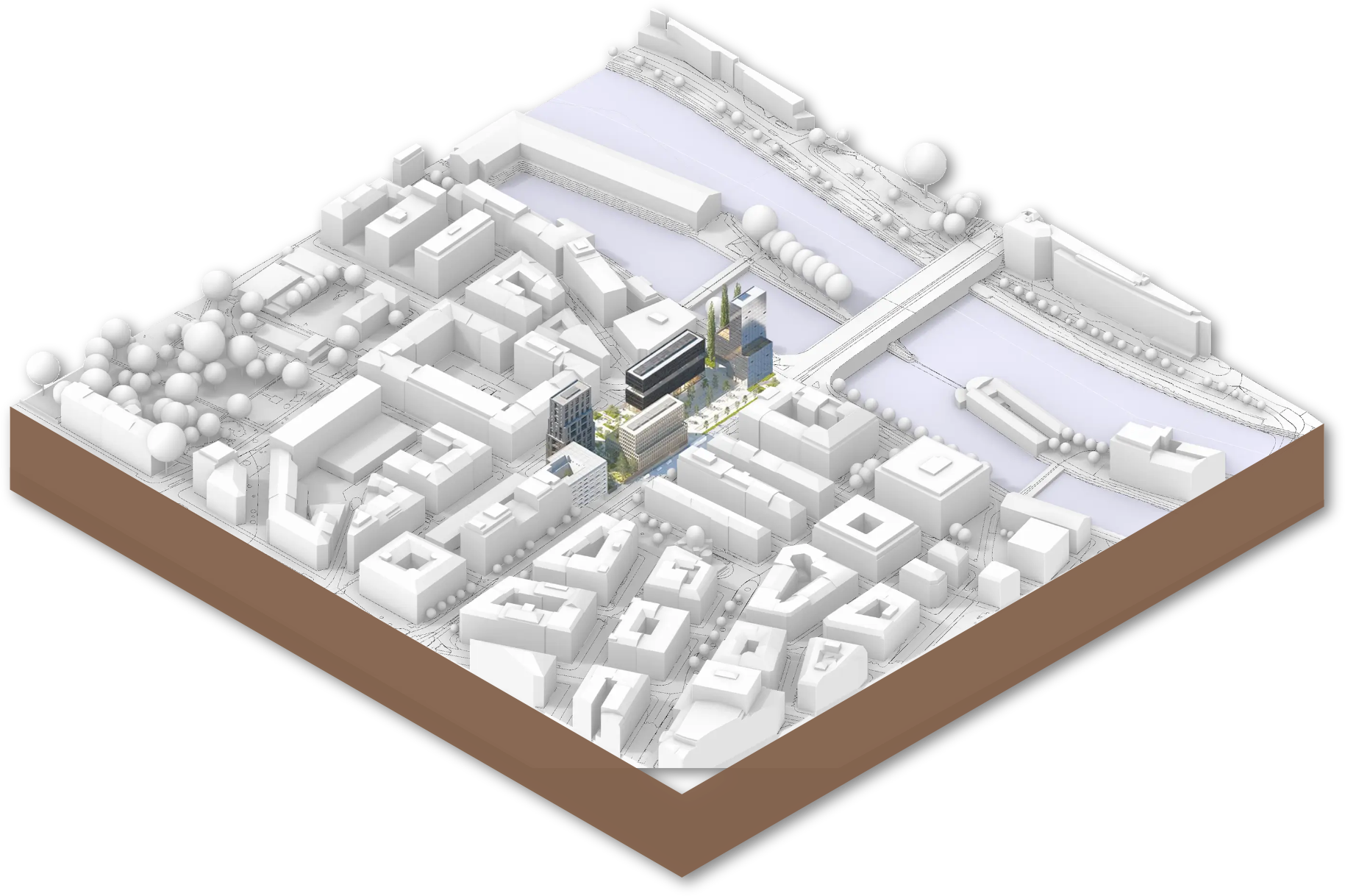 Isometric site model of a city block, delivered as a CAD-ready map