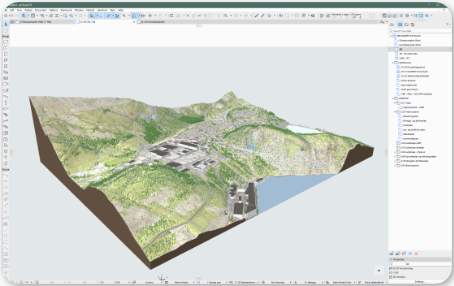 A GeoAnvil map imported in Archicad, with terrain and buildings in 3D